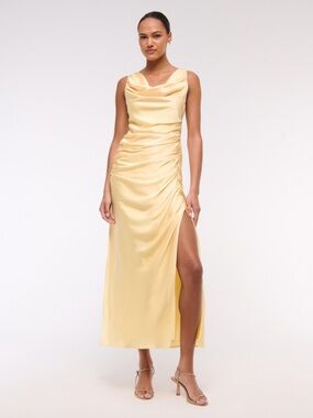 Elegant Yellow Cowl Neck Draped Satin Dress with Side Ruched Slit